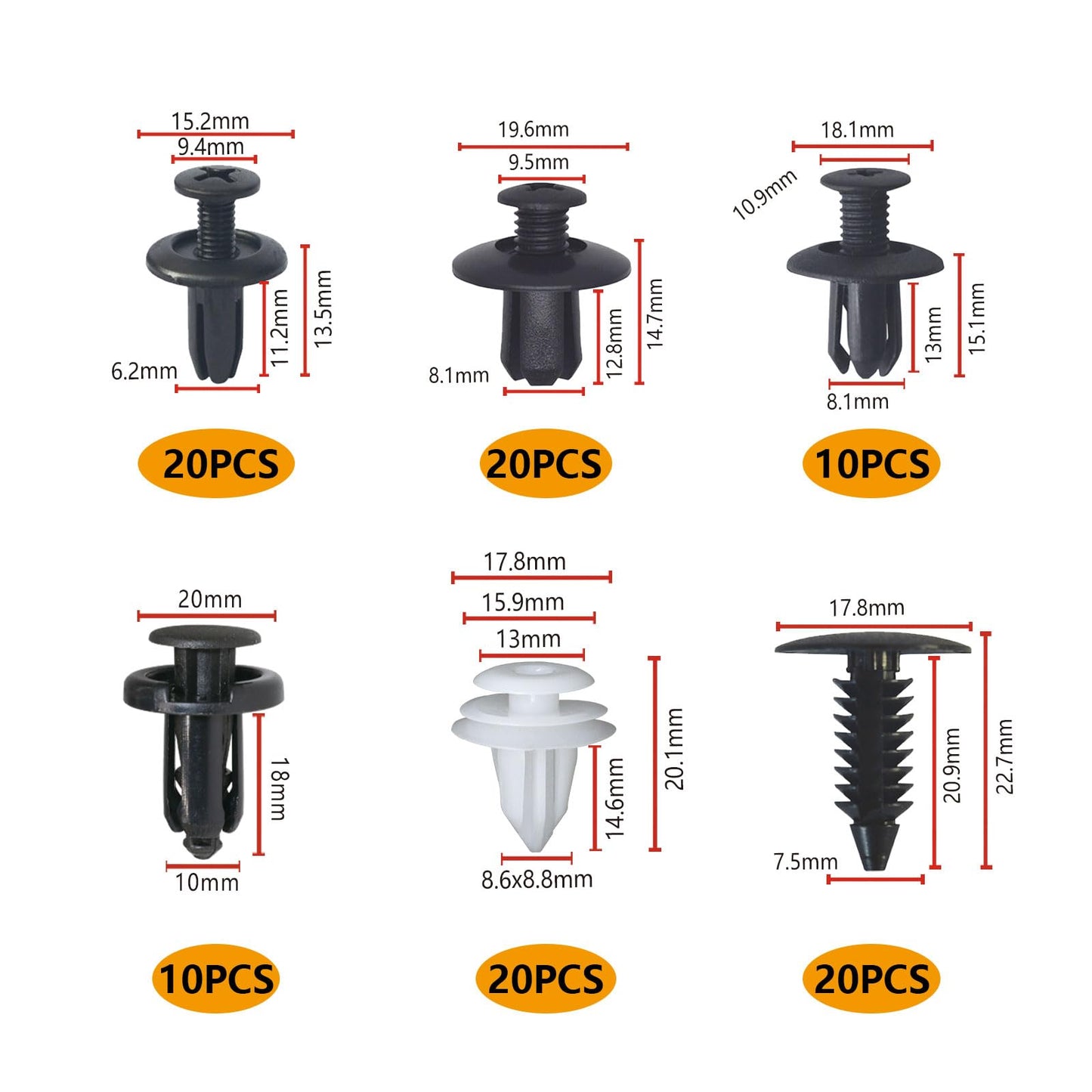 AOLYGEI 100Pcs Car Body Trim Clips,Plastic Rivets, 6 Popular Sizes of Bumper Clips, Universal Plastic Nylon Car Clips for Door Bumper, Fender Retainers, Fastener Remover Tool for Car Panel Trim G10